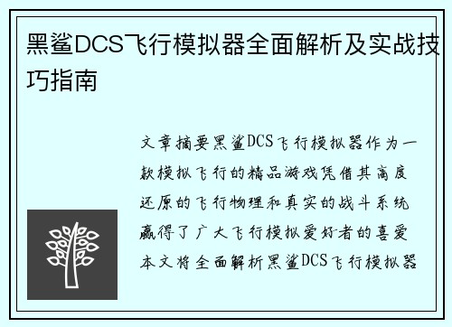 黑鲨DCS飞行模拟器全面解析及实战技巧指南